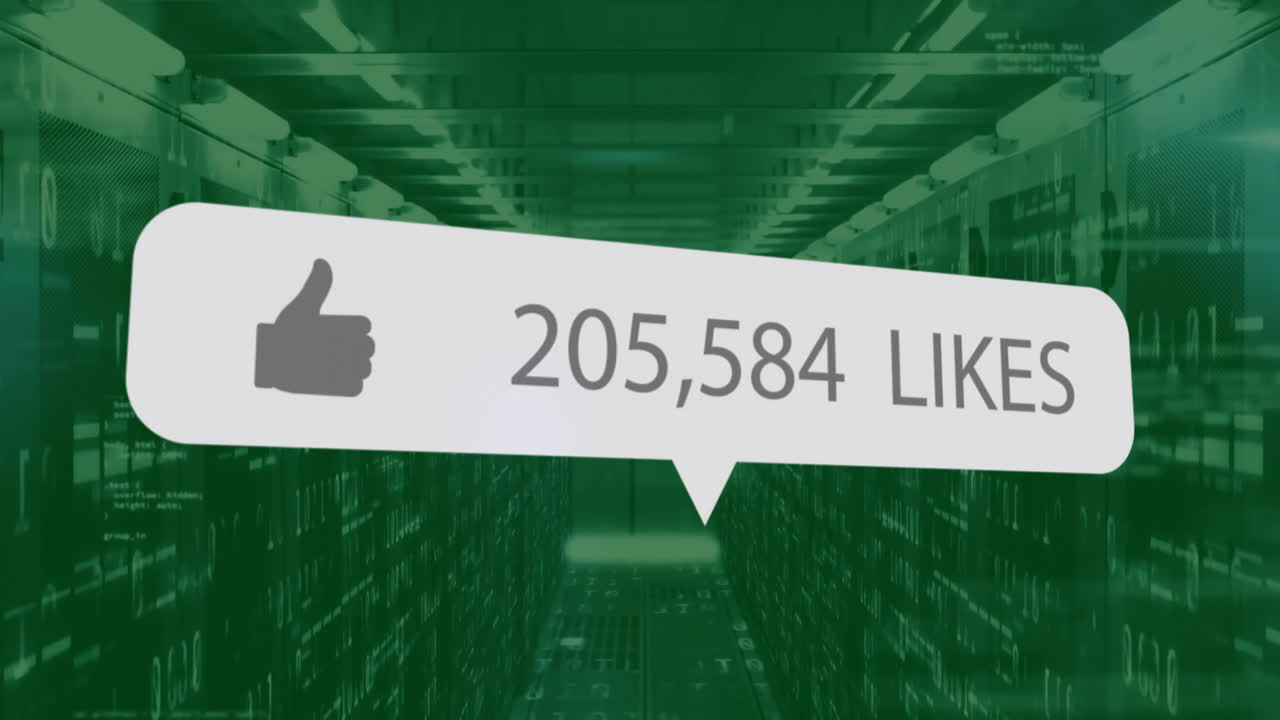 Animation of likes text and digital data processing over computer servers