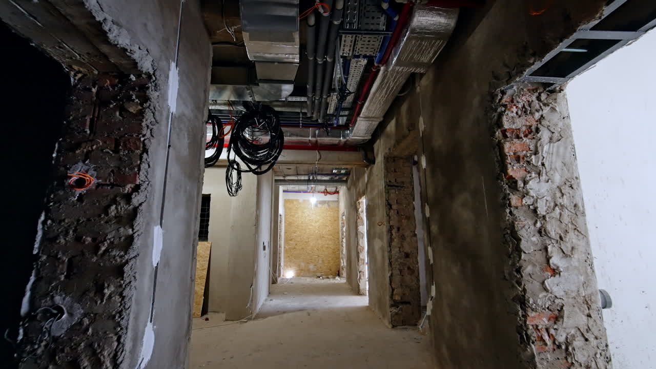 Moving by the long corridor inside the building being reconstructed. Doorways along the hall are with no doors. Pipes and wires on the ceiling. Low angle view.
