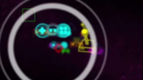 Animation-Von-Kampftextbannern-Und-Neonfarbenen-Videospiel-Controller-Symbolen-Vor-Schwarzem-Hintergrund