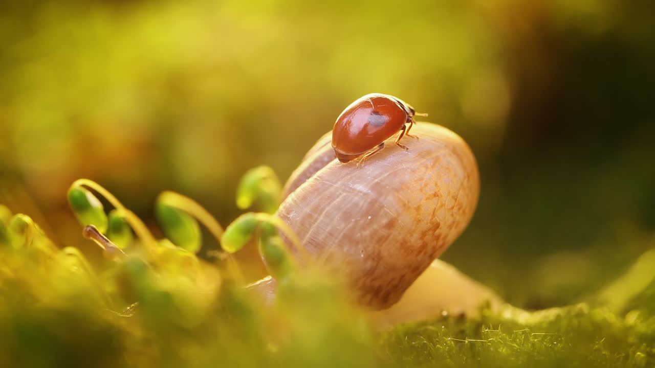 un primer plano de la vida silvestre de un caracol y una mariquita en la luz del atardecer.