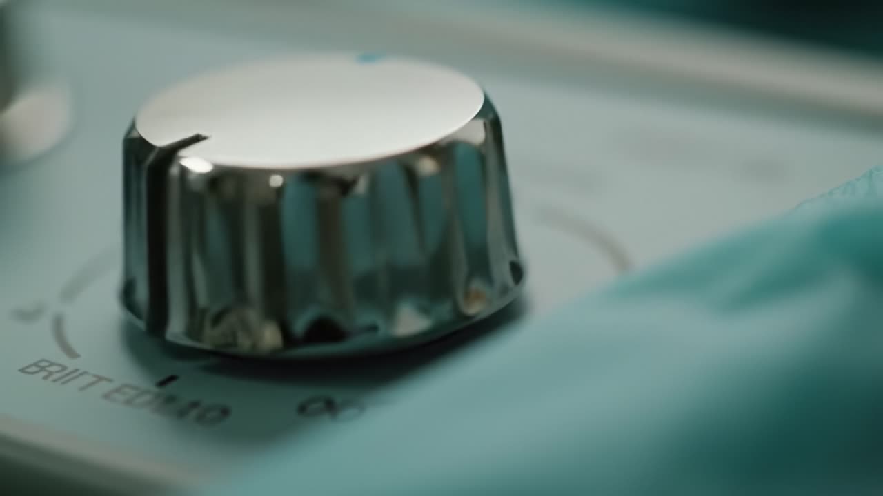 A focused view of a metallic control knob used in a medical setting. The equipment is situated in a surgical room, indicating precise adjustments for operations.