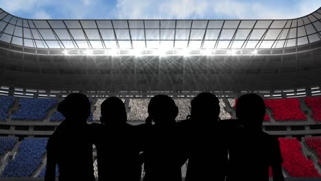 animation of silhouettes of team of sports women with french flag over sports stadium