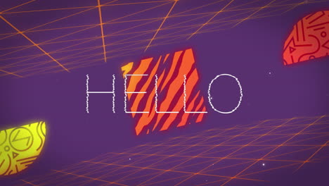 animation of hello text over colourful changing shapes