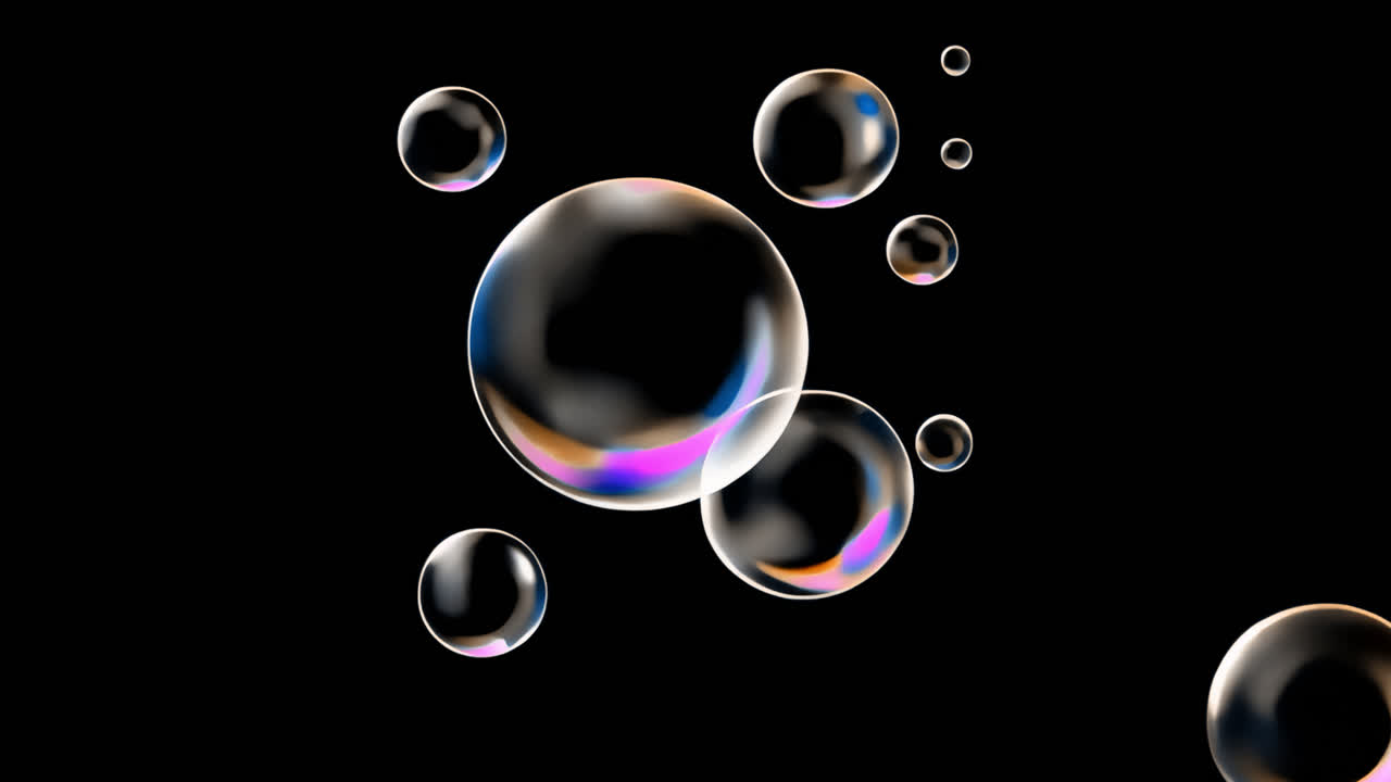 Colorful bubbles on black background animated overlay, transparent 4K video, alpha channel, ProRes