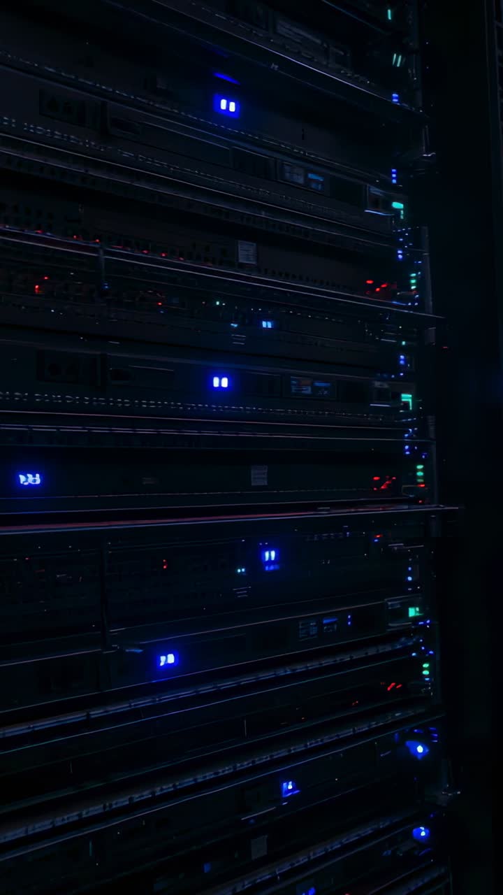 Video i højformat: Optagelseskamera filmer højt serverrack i serverrum, LED'er indikerer status