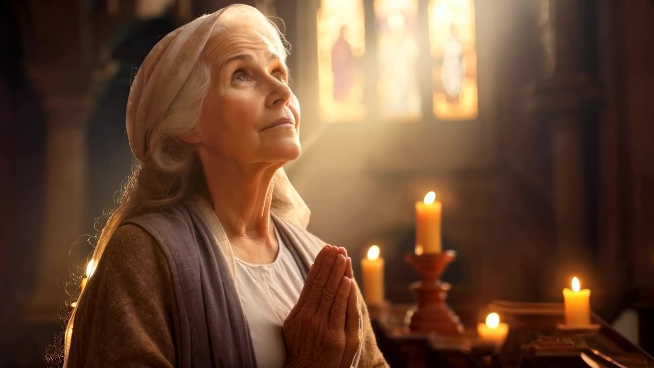 Mulher Idosa Orando com Devoção em uma Igreja Iluminada por Velas