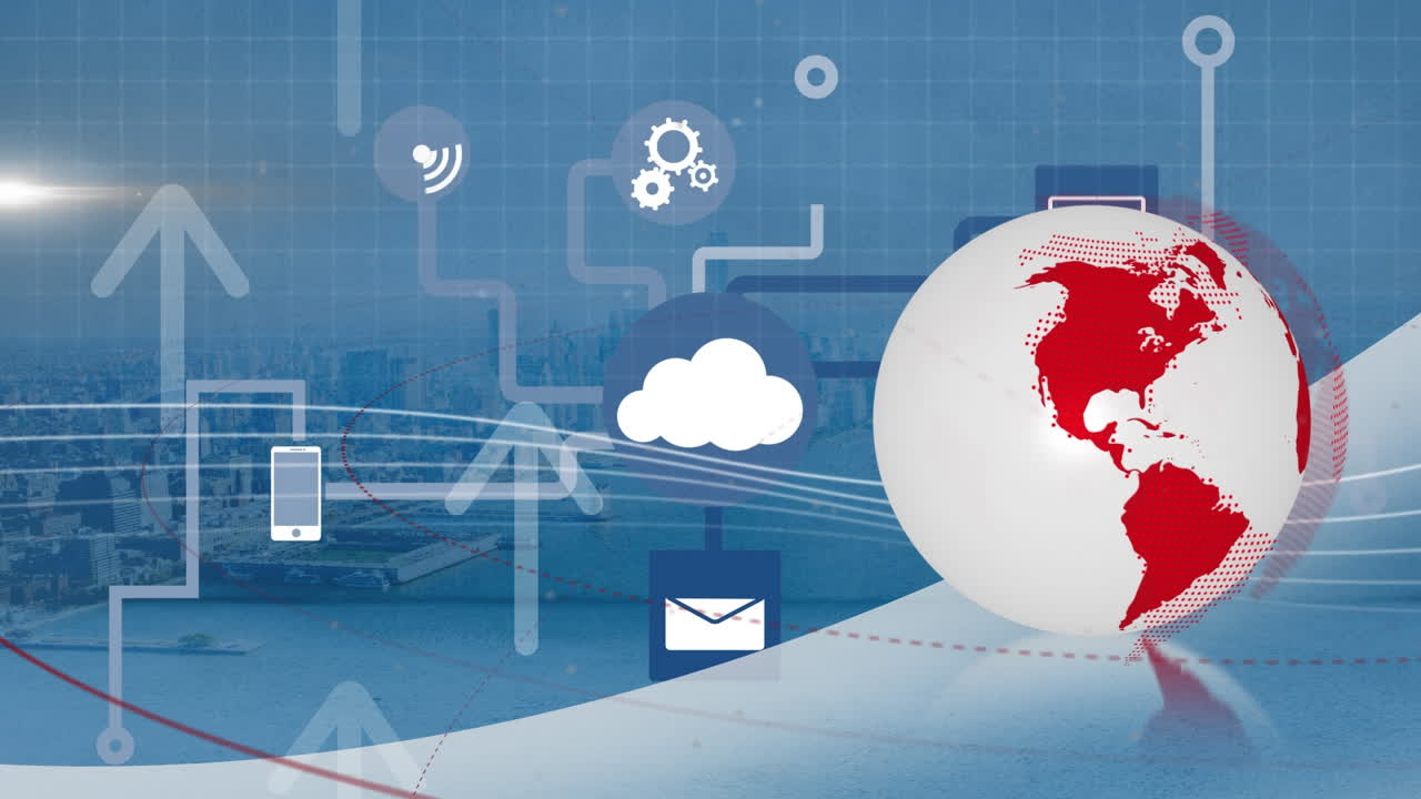 도시 풍경에 대한 아이콘과 연결된 지구와 네트워크의 애니메이션