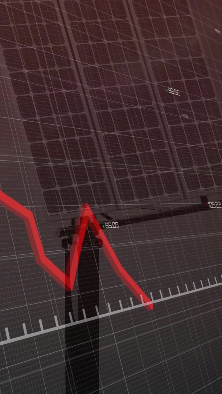 Vertical video: Low-angle solar panel framing while red trace entering from left monitoring output