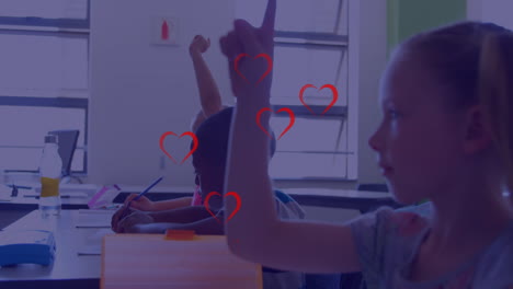 animación de corazones rojos sobre diversos escolares en el aula