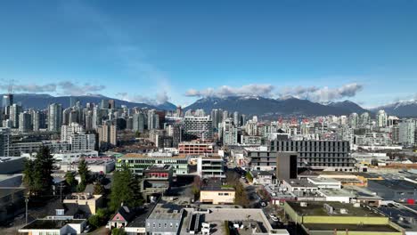 mount pleasant neighbourhood houses and commercial buildings overlooking the downtown vancouver skyline in canada