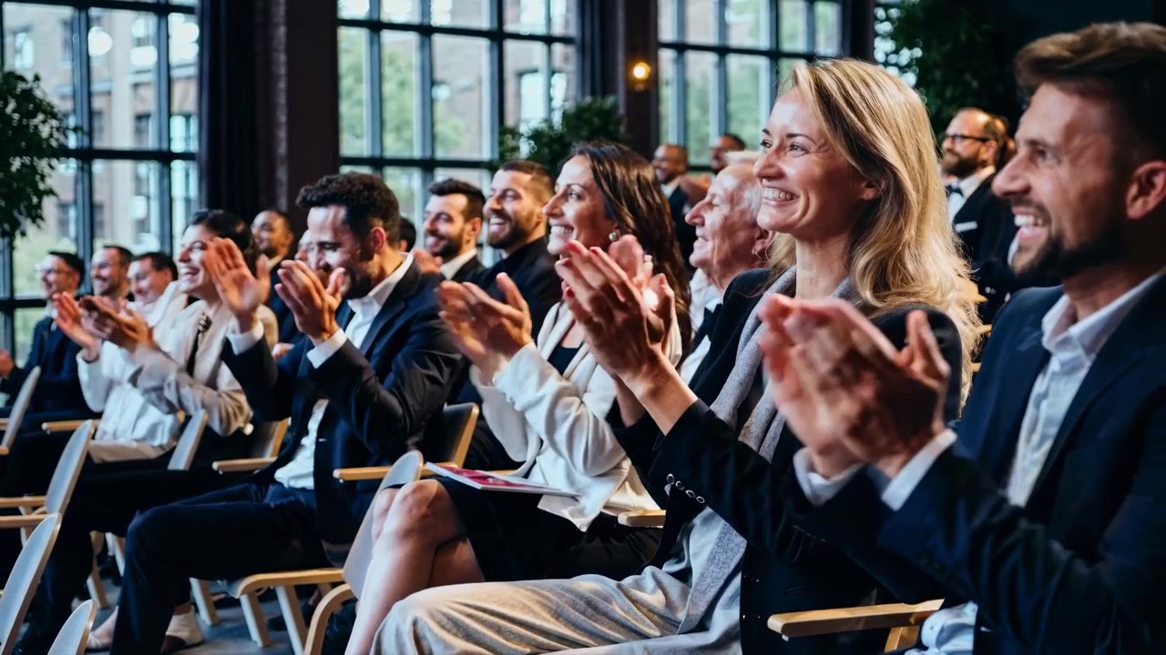 Professionisti aziendali diversi che applaudono e sorridono a una conferenza