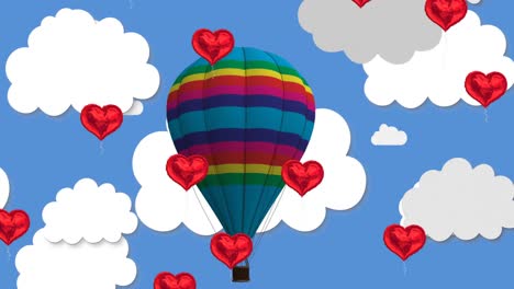 múltiples globos en forma de corazón flotando contra el cielo azul