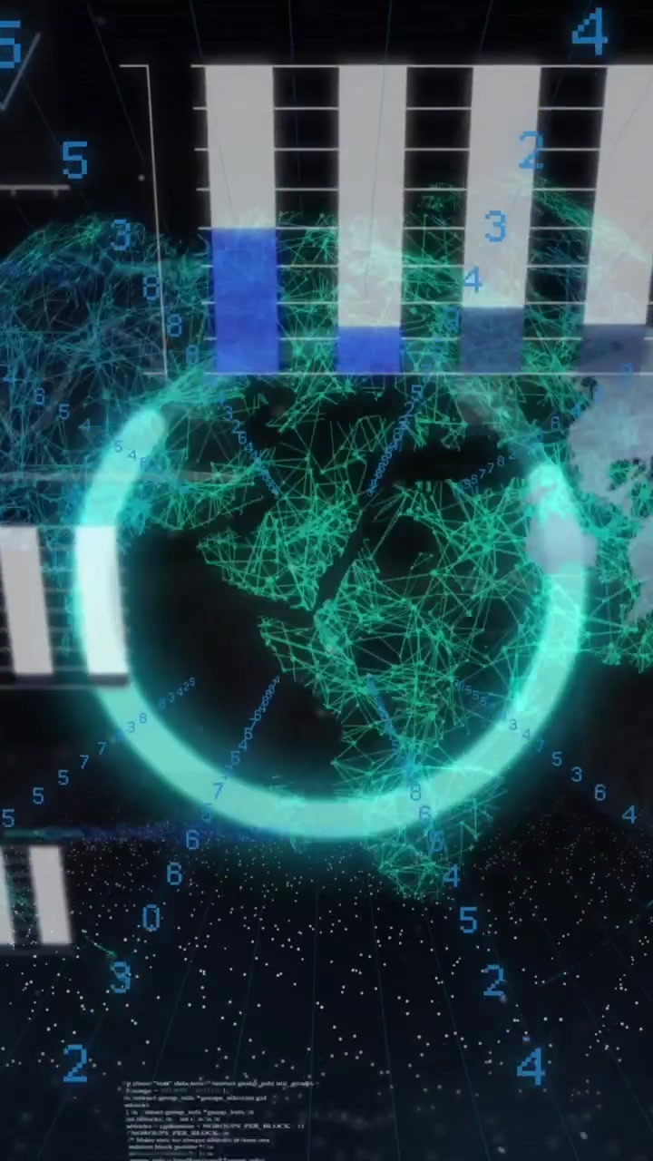 Animation of statistical data processing over spinning globe against black background