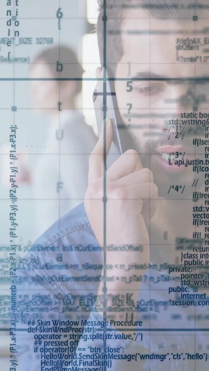 Vertical video: Adult man taking tech call near window, holding phone, fixing code with overlay