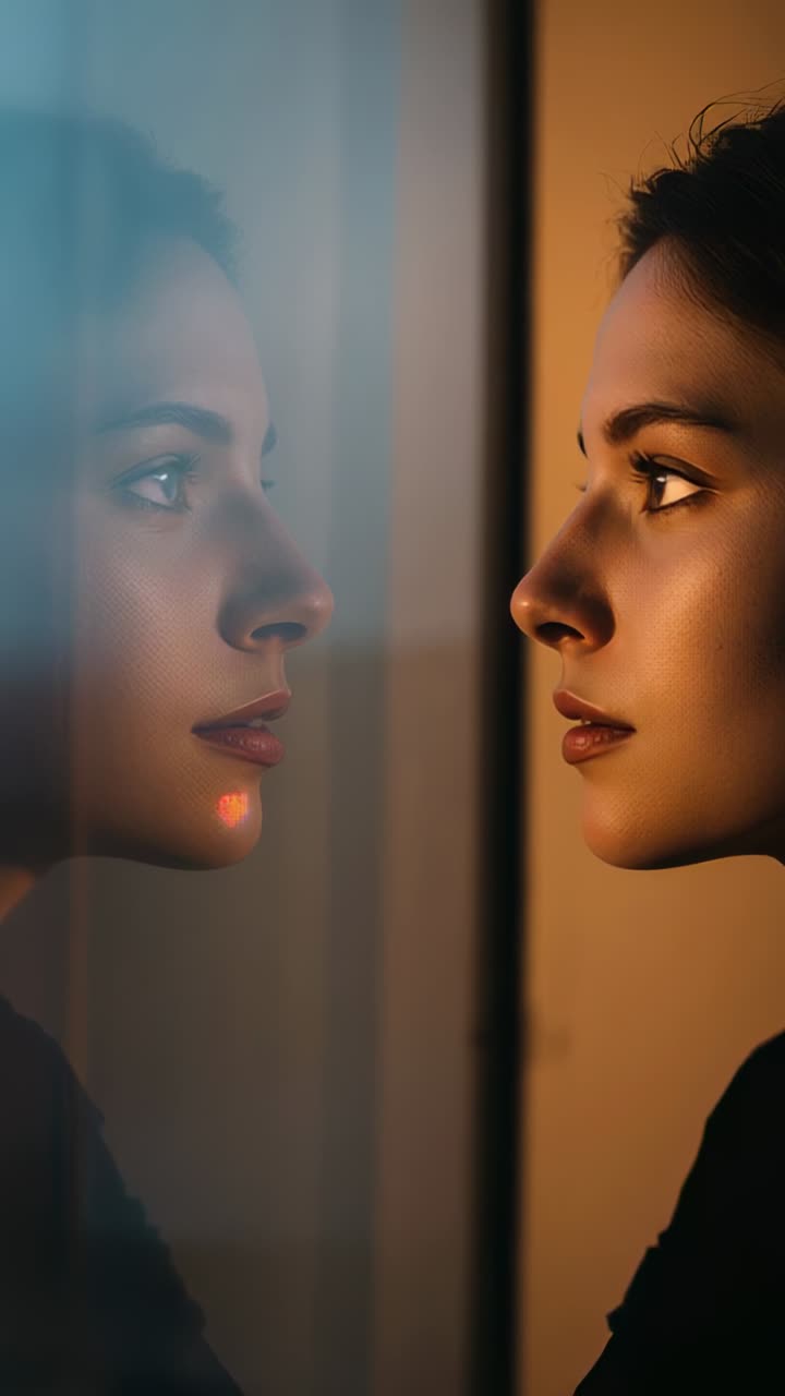 Vertical video: Gazing woman by window, drawn to glass, shifting gaze blinking, red dot, copy space