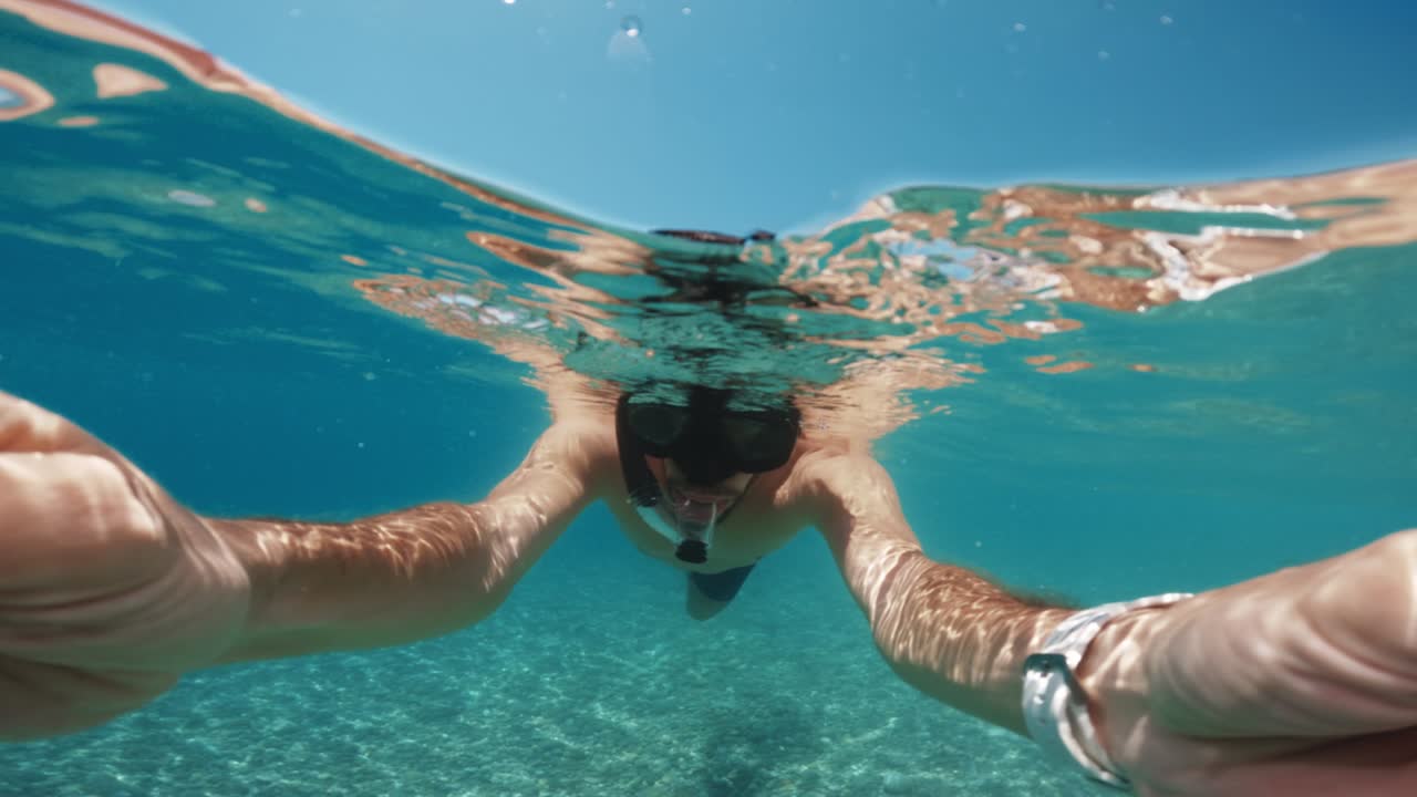 Hombre haciendo snorkel y buceo libre bajo el agua