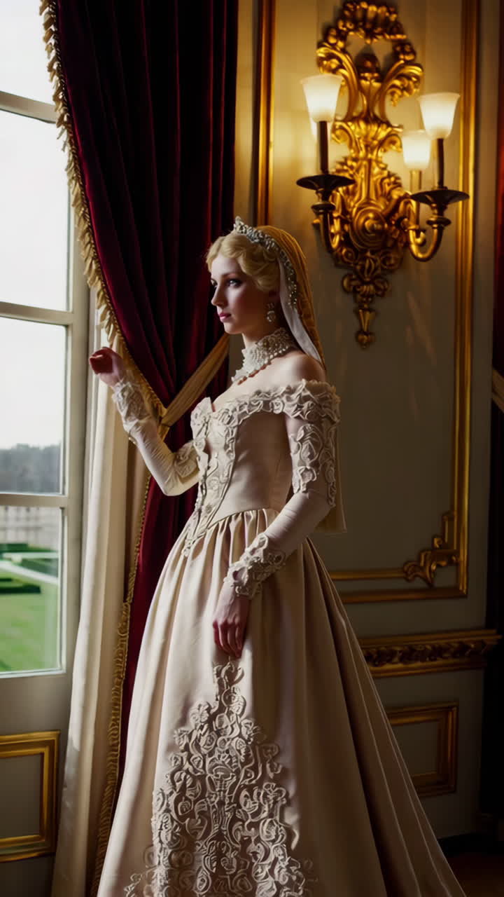 Elegant Woman in a Vintage Ball Gown in a Grand Palace