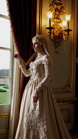 elegant woman in a vintage ball gown in a grand palace