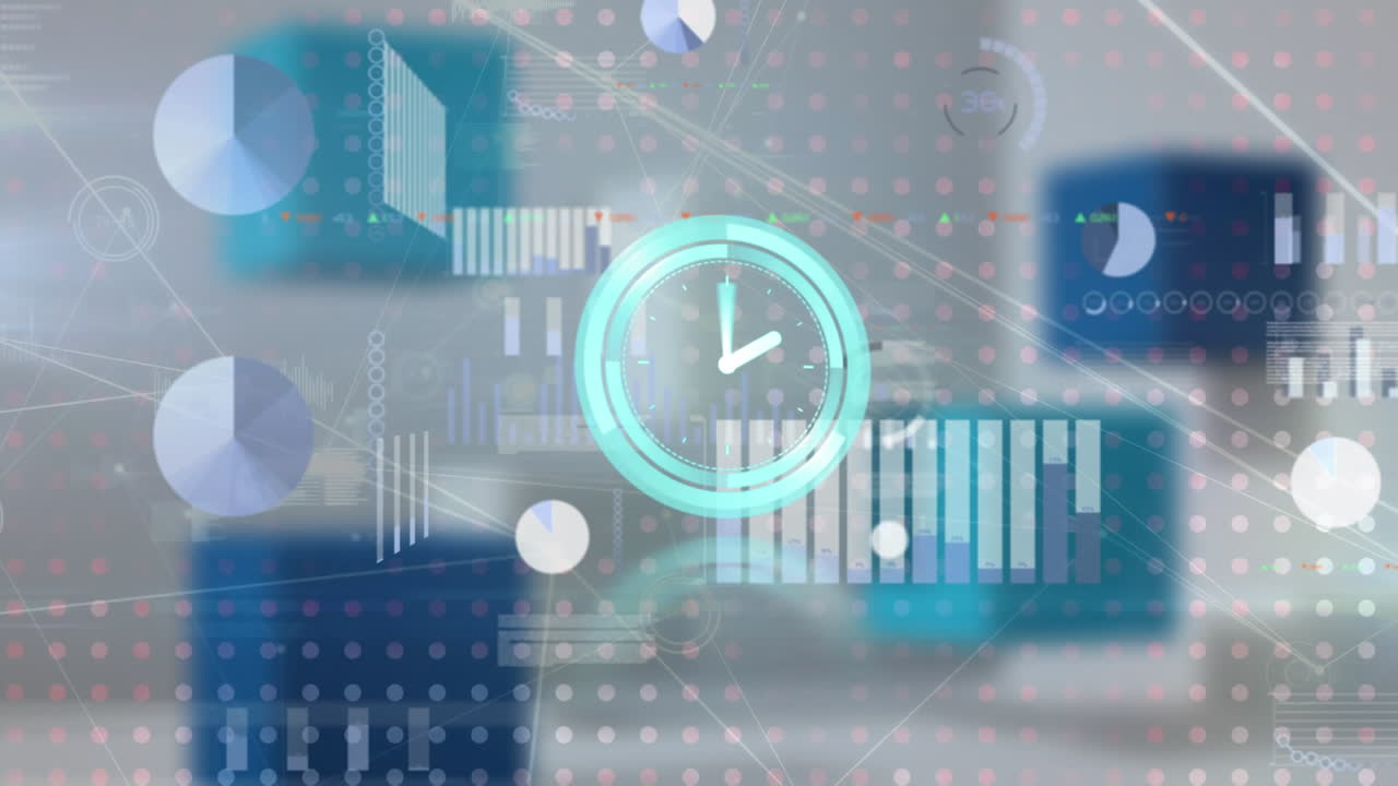 Animation of neon ticking clock and network of connections against statistical data processing