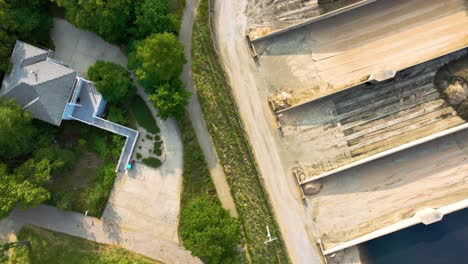 top down angle tracking pathways around the building