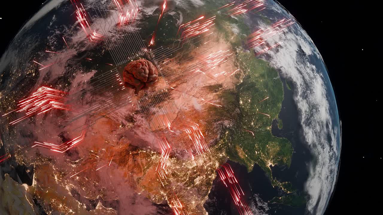 Planet Earth showing Asia from space with human brain and red digital network lines. Artificial intelligence and technological evolution concept for poster and wallpaper
