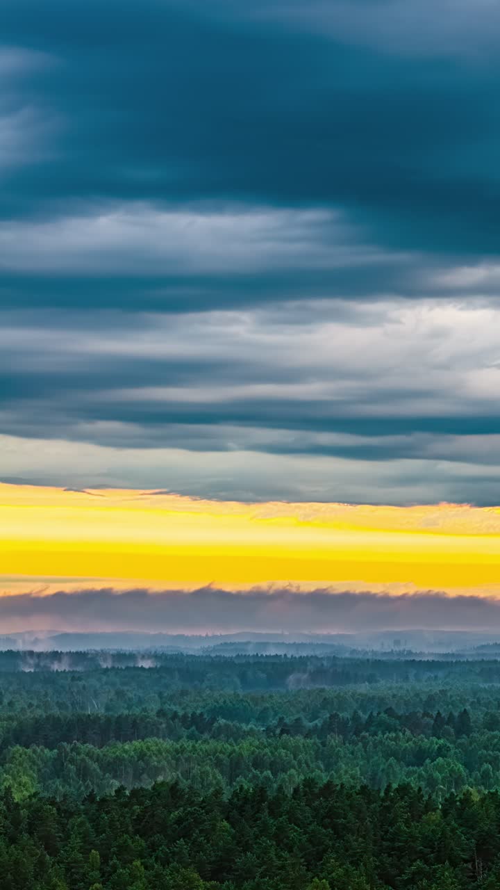Cloud layers above forest with bright yellow band at horizon, mist and fog rise from tree forest breath, vertical backdrop