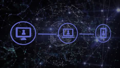 animazione della rete di connessioni con icone su sfondo nero