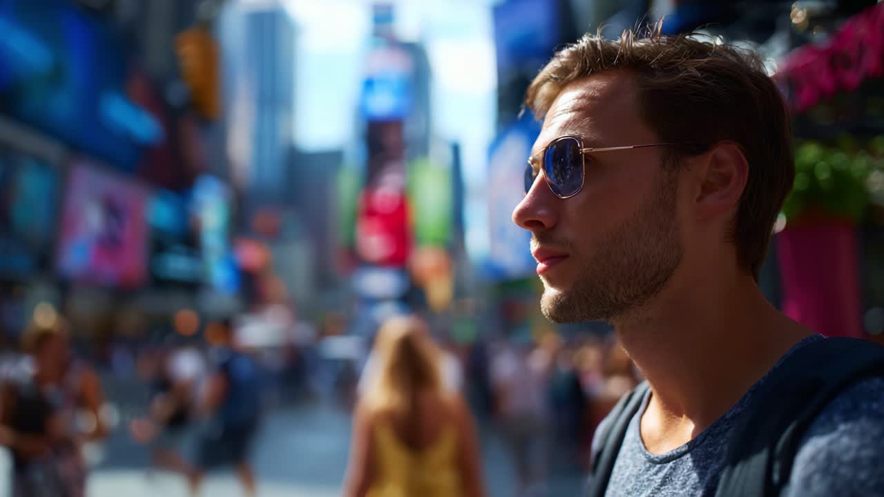 Et profilbilde av en ung mann med solbriller i den livlige atmosfæren på et pulserende bytorv, fanget i fantastisk dagslys med fargerike reklamer