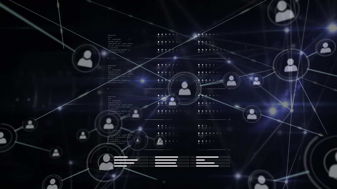 Animation of data processing on screens and network of connections with people icons