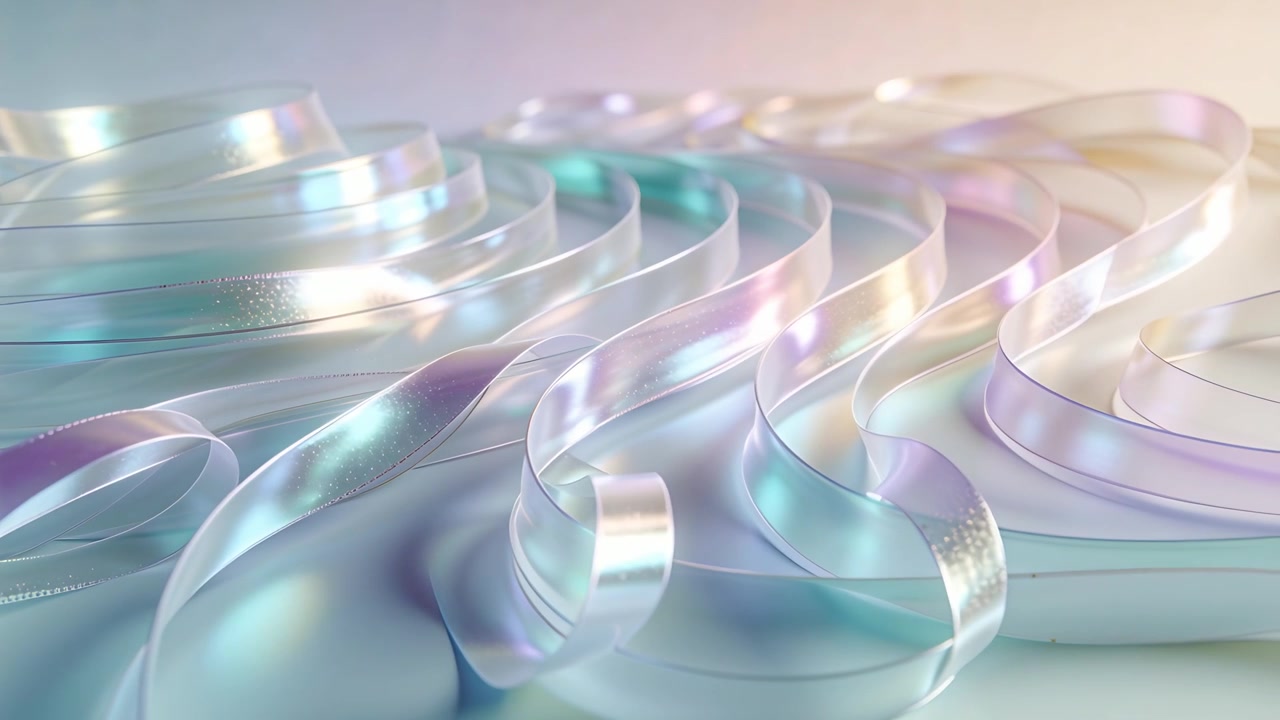 Camera tracking iridescent ribbons forming curled loops on pale platform, lights brightening