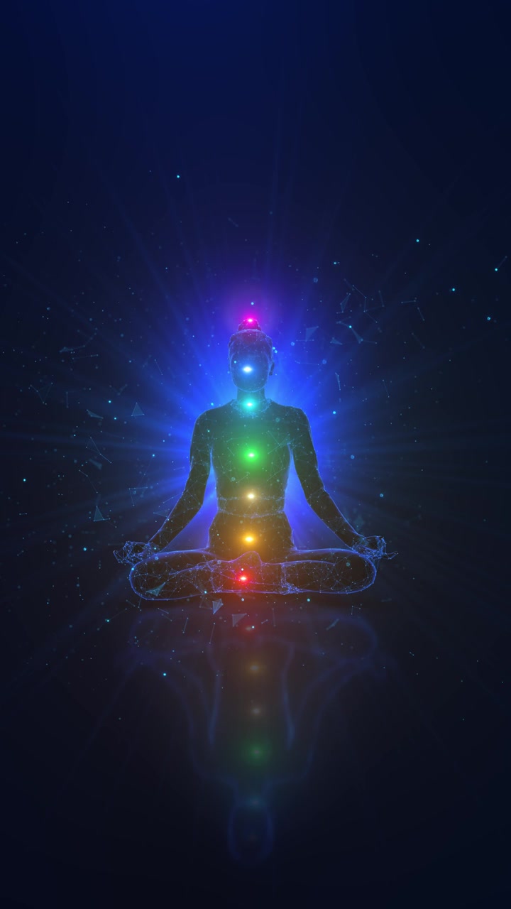 Meditazione futuristica sistema chakra luminoso rete energetica connessioni energetiche del sistema chakra AI
