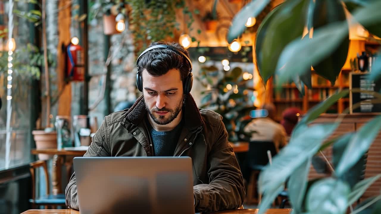Man working on laptop with headphones in a cafe