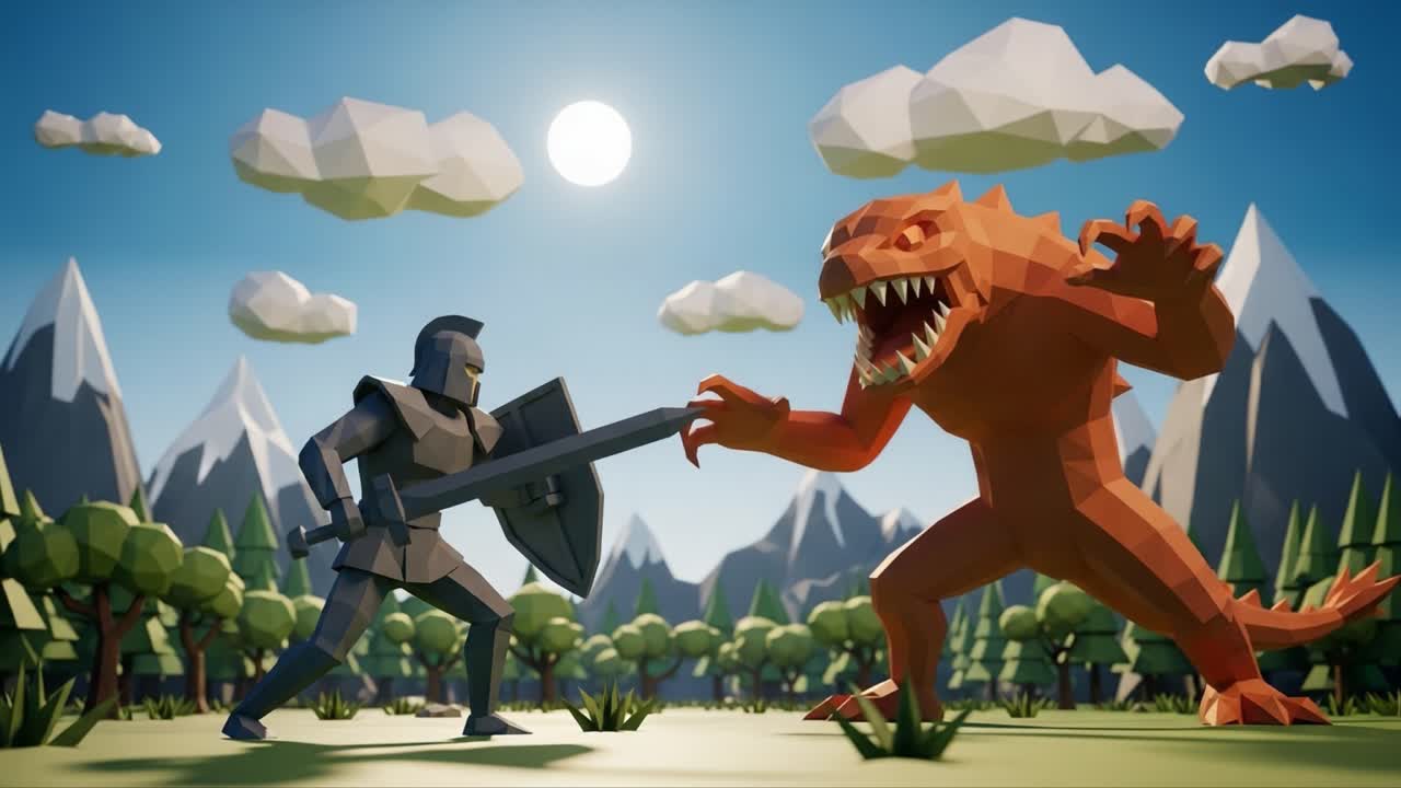 Epic Showdown Between Knight and Monster in a Stylized Low-Poly Landscape, Capturing the Intensity of Fantasy Warfare Under a Bright Blue Sky