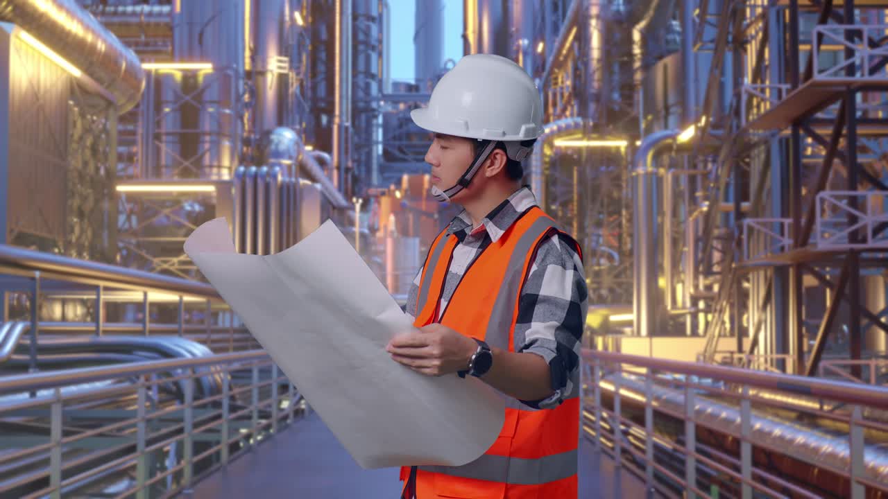 Side View Of Asian Male Engineer With Safety Helmet Looking At Blueprint In His Hands And Looking Around While Standing At A Vast Oil Refinery