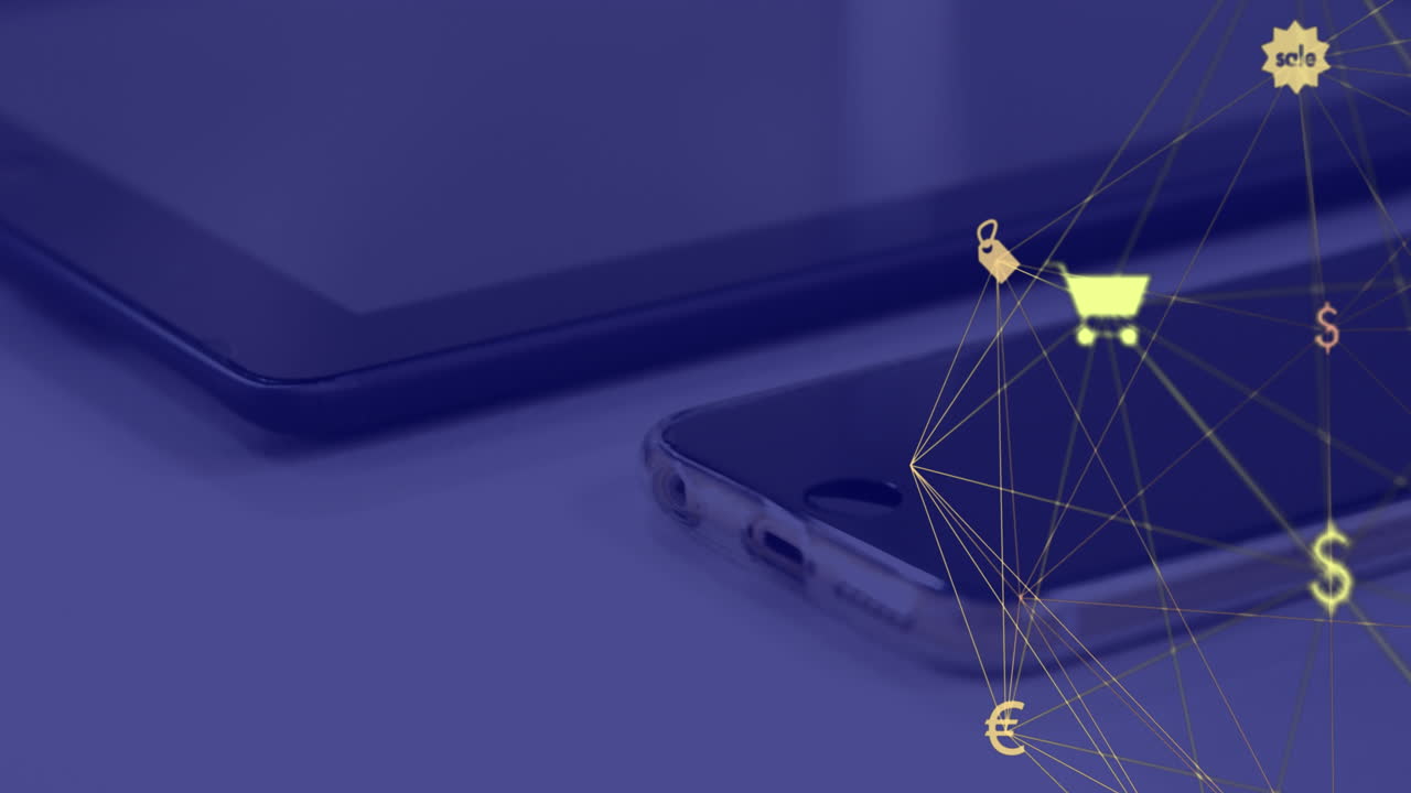 анимация сети соединения с иконами над городским пейзажем