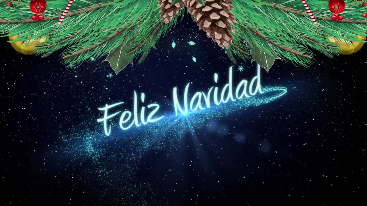 animación de feliz navidad texto con nieve cayendo sobre la decoración de navidad sobre fondo azul