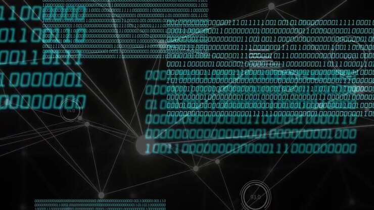 Large teal binary panels sliding from sides, highlighting node web and revealing gauges for data