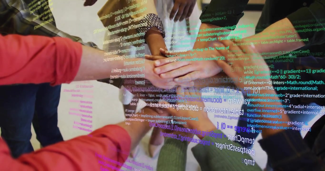 Dev team extending hands stacking palms starting code overlay and showing software project unity