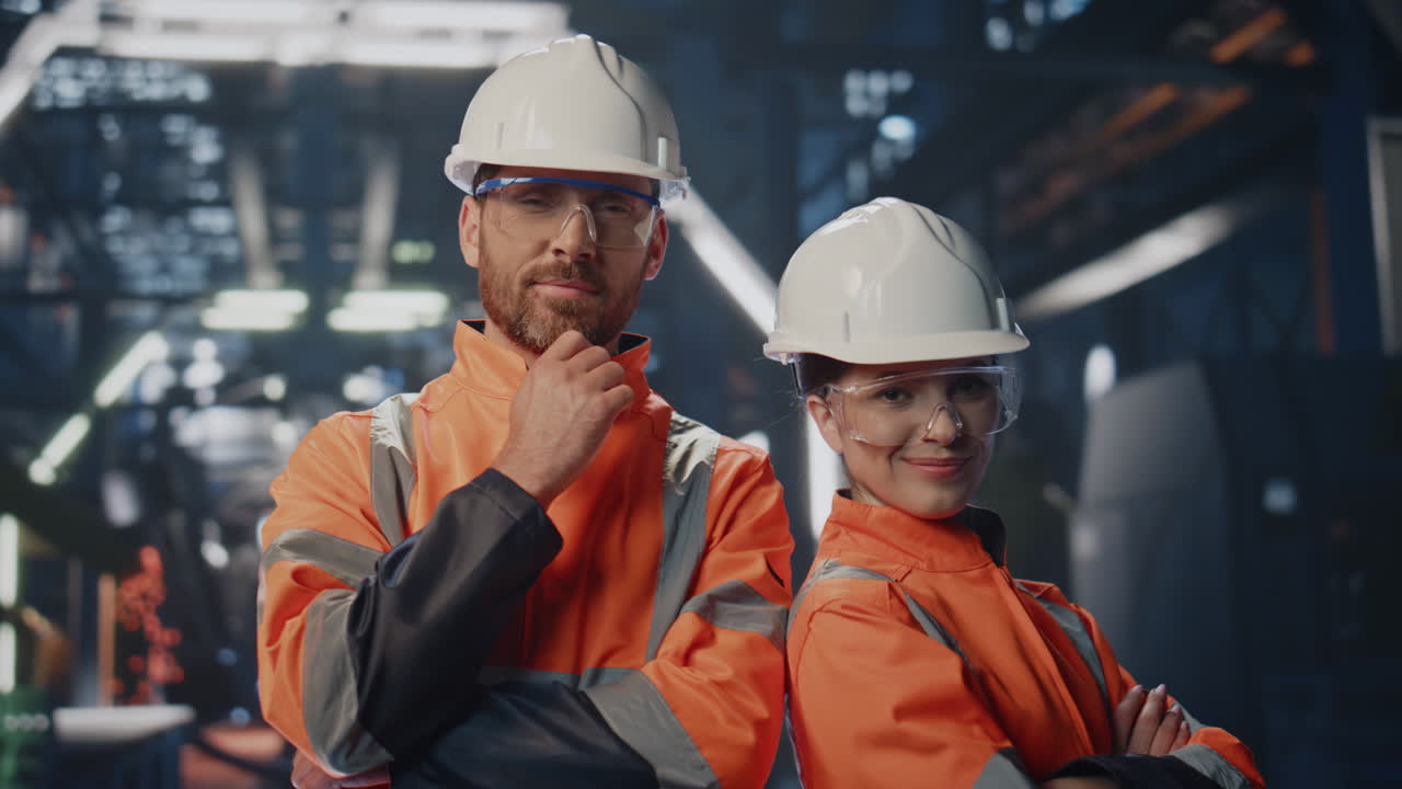 Confident manufacture specialists posing at modern industrial machinery close up
