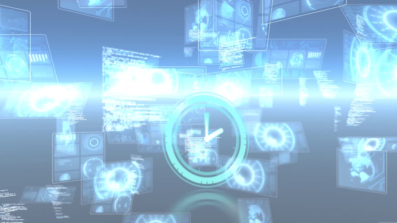 네온 디지털 시계가 여러 개의 둥근 스캐너와 파란색 배경의 데이터 처리에 맞춰 틱하고 있습니다.