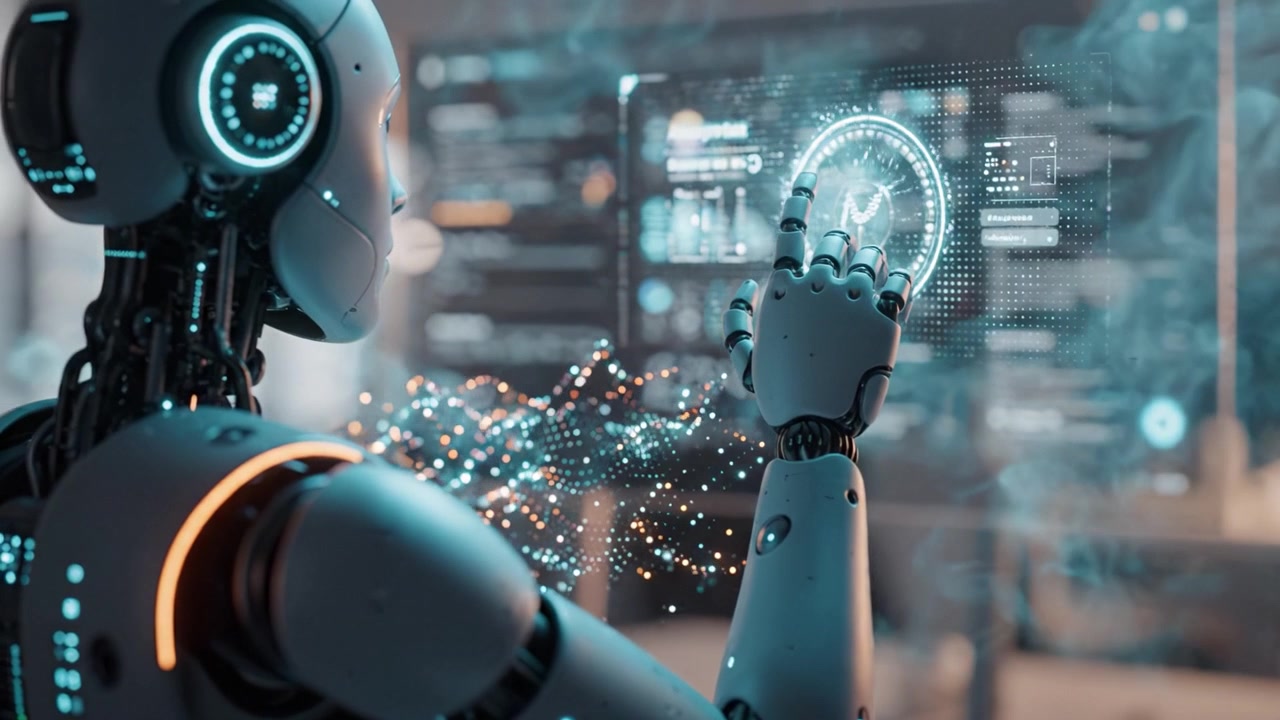 A Futuristic Robot Analyzes Complex Data Visualizations in a High-Tech Environment, Showcasing Advanced AI Capabilities and Interactive Digital Interfaces