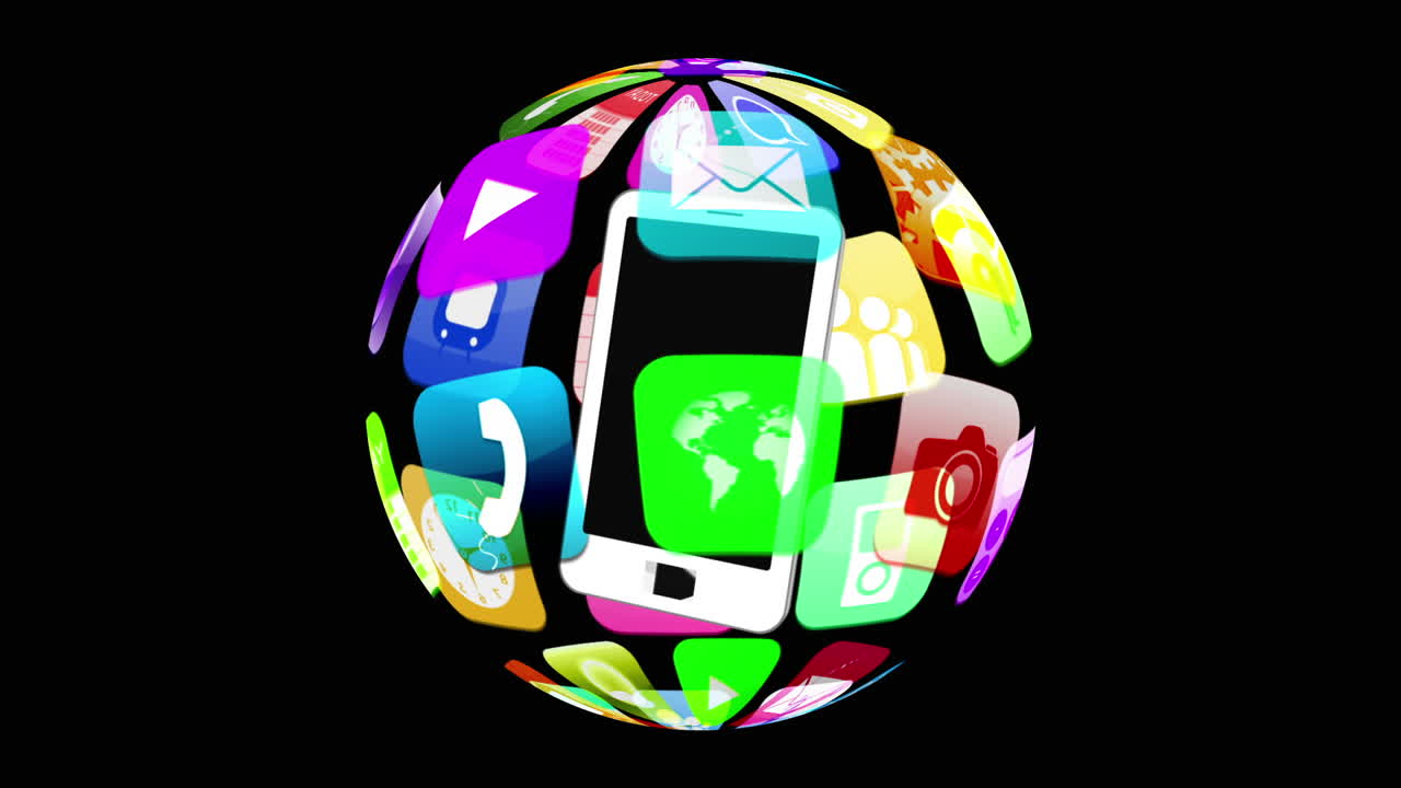 iconos de aplicaciones flotando alrededor del teléfono inteligente