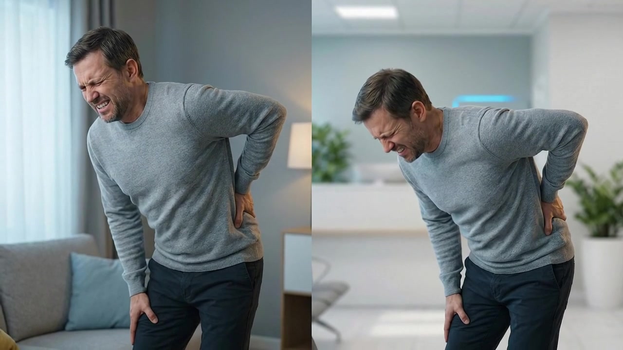 Two panel sequence of man holding painful lower back inside home interior