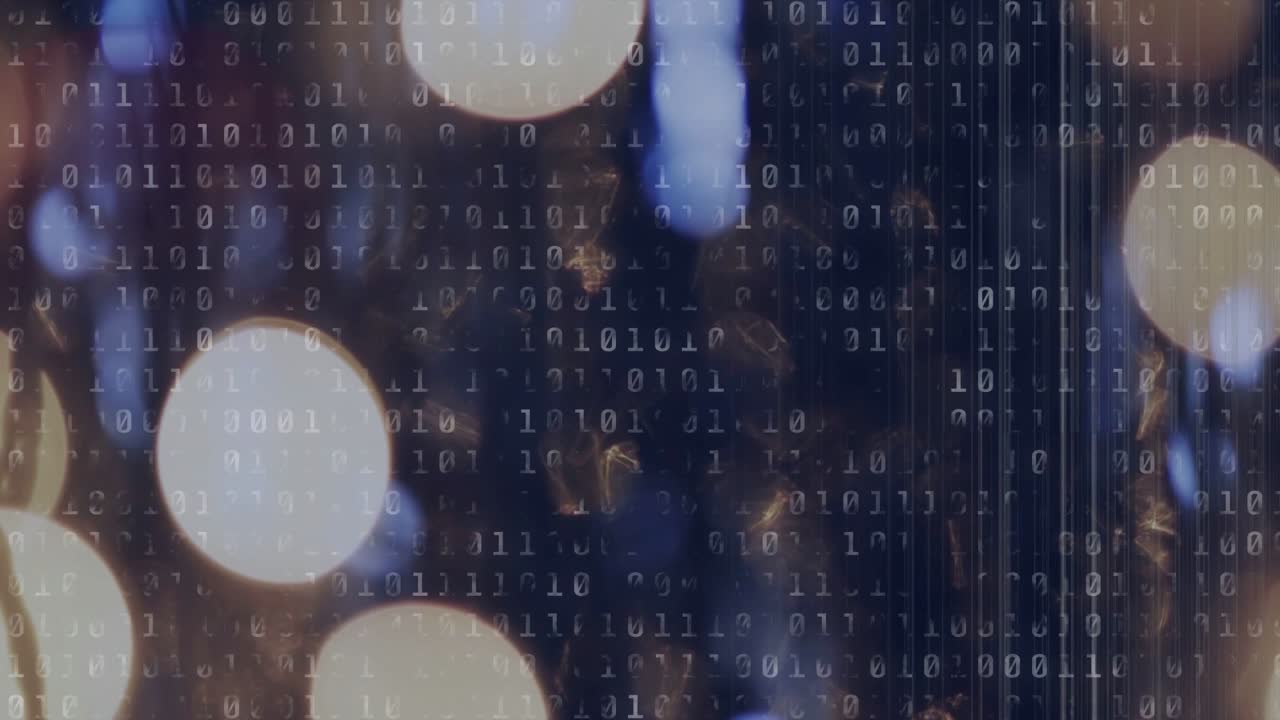 As blue tones intensifying, binary columns scrolling and flickering over bokeh, showing data flow