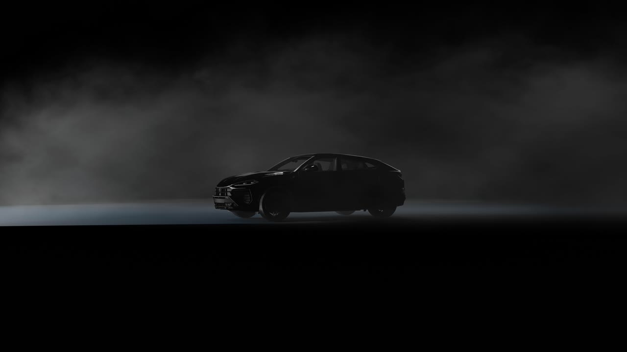 暗いスタジオで披露されたモダンな黒のSUV。