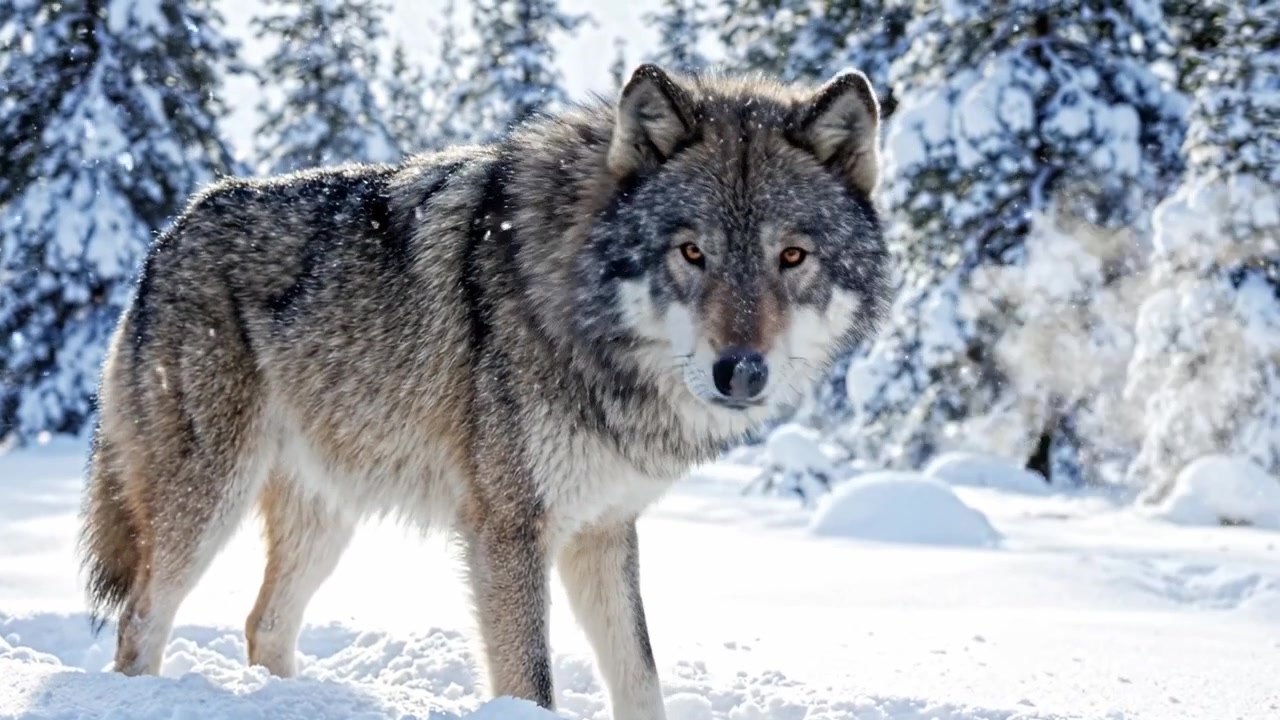 A majestic wolf stands still in a snowy landscape, surrounded by glistening snow and tall trees, showcasing the beauty and strength of wildlife in winter conditions.