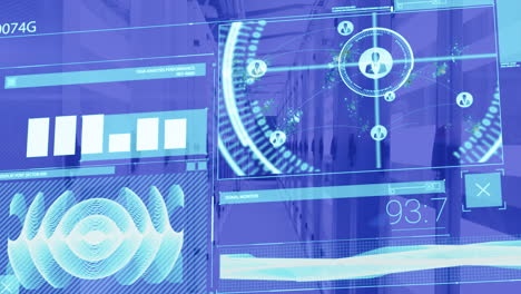 animation of blue interface with graphs and charts processing data over computer server room