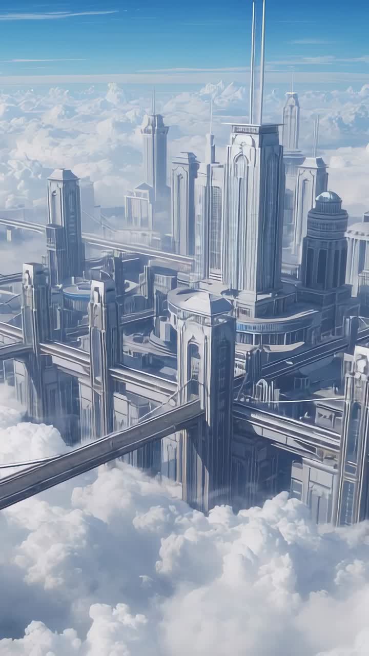 Vertical video: Panning camera revealing futuristic sky-city above clouds, showcasing spired towers