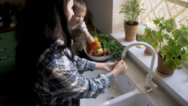 Caucasian woman washing vegetables and fruits in the sink. Her son helps to her
