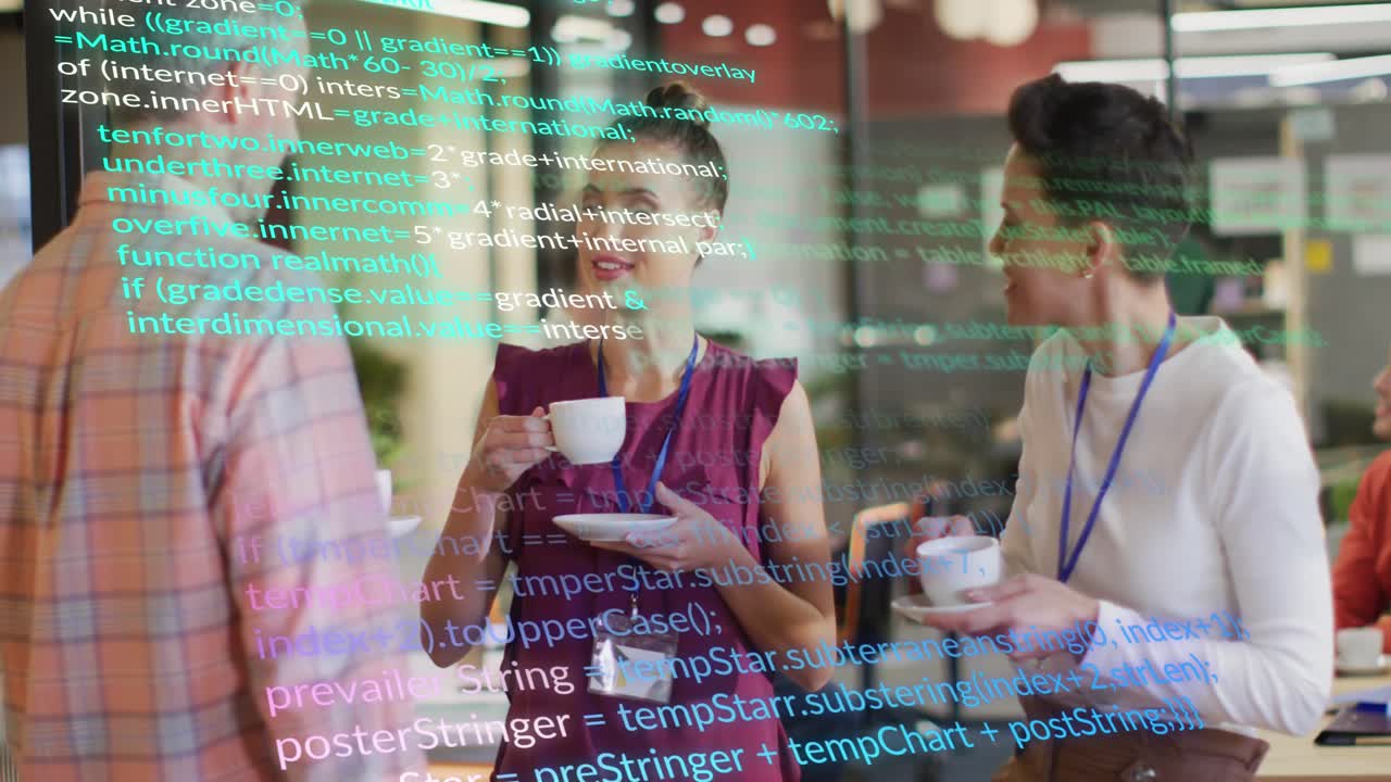 Animation of data processing over diverse business people in office
